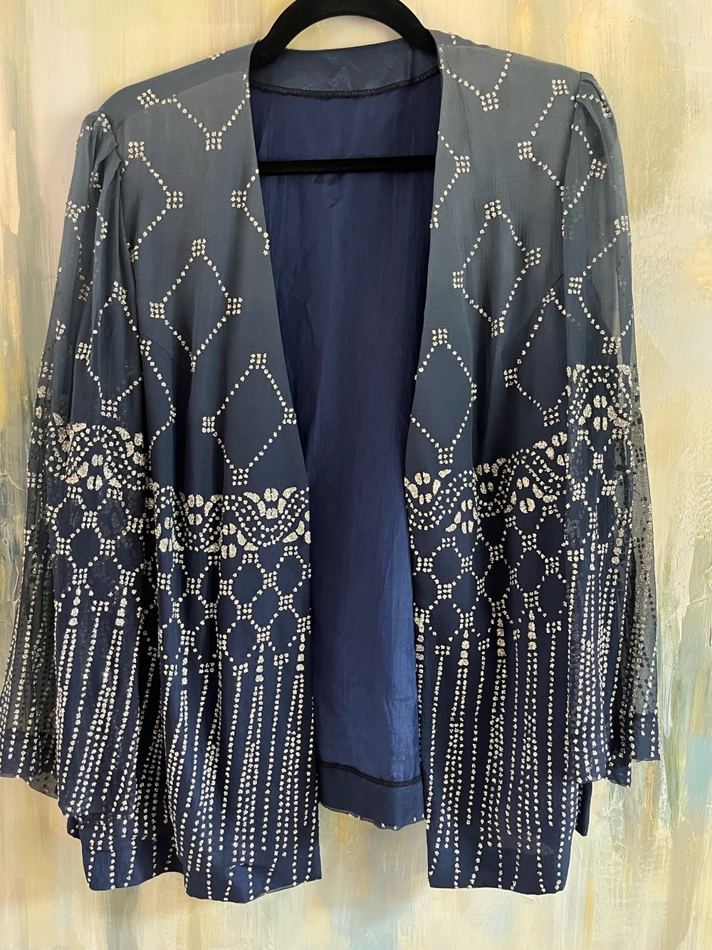 Navy Blue Silver Embellished Sheer Kimono Jacket Sz L